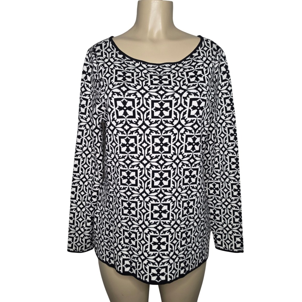 Charter Club Sweater Women L Black White Geometric Tile Knit Long Sleeve 3169
